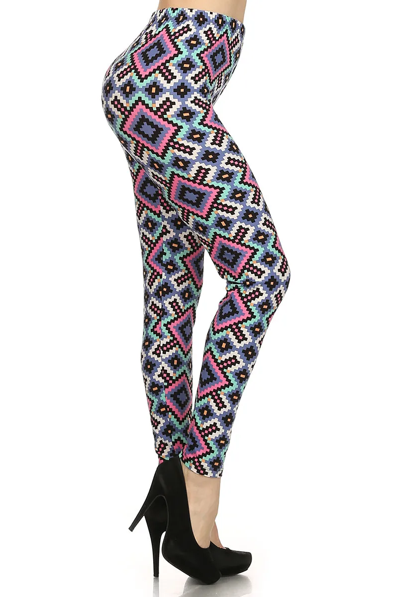 Plus Size Aztec Diamond Pattern Leggings - Pink Blue