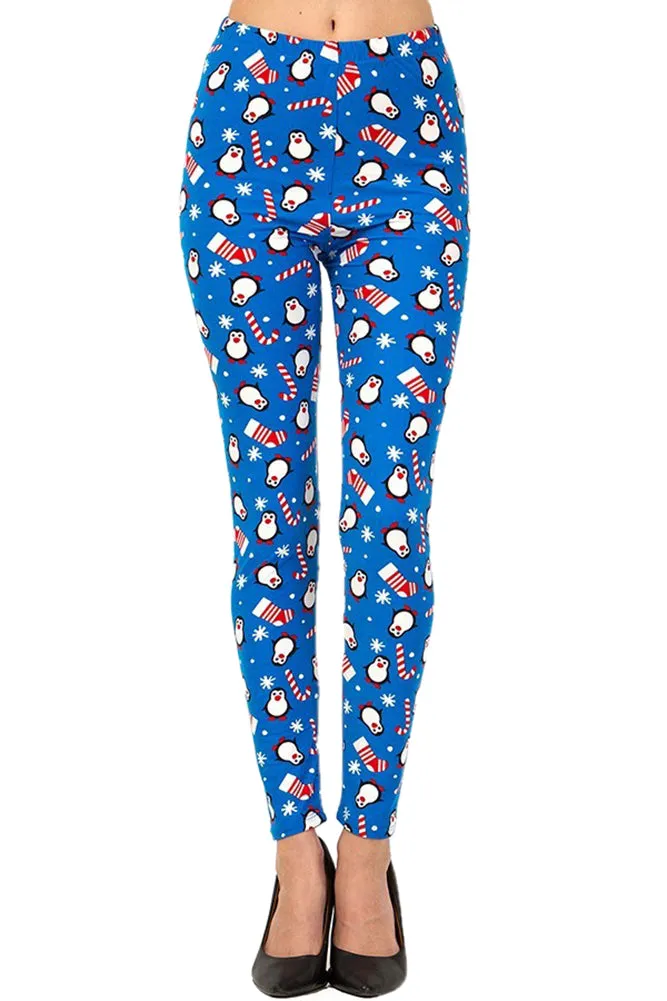 Plus Size Christmas Cane Penguin Pattern Leggings for Women