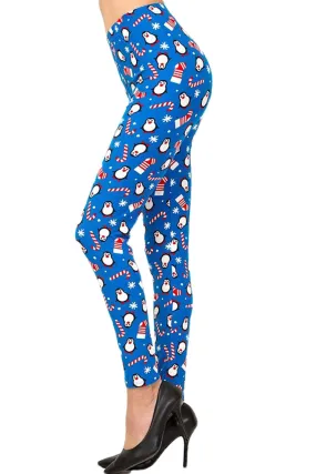 Plus Size Christmas Cane Penguin Pattern Leggings for Women