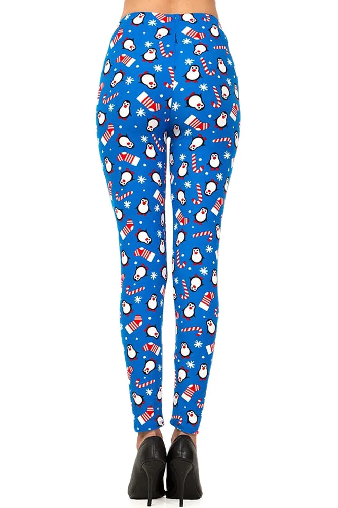 Plus Size Christmas Cane Penguin Pattern Leggings for Women