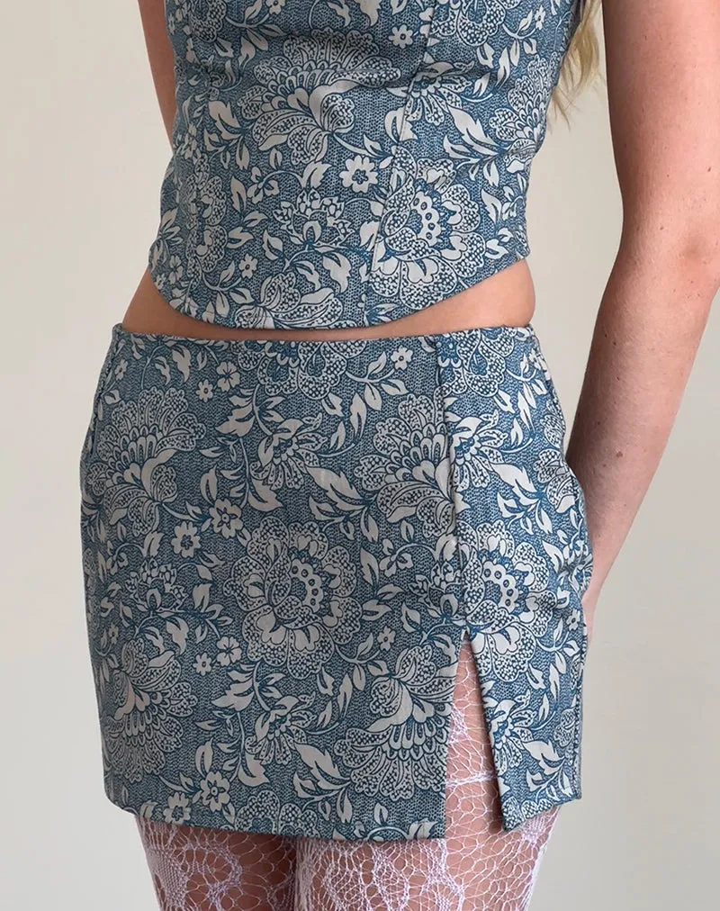 Pravara Blue Ornate Print Mini Skirt