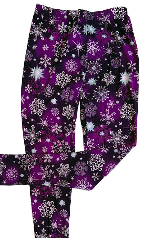 Purple Christmas leggings, snowflake patterned, women's regular size holiday leggings.