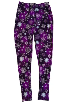 Purple Christmas leggings, snowflake patterned, women's regular size holiday leggings.