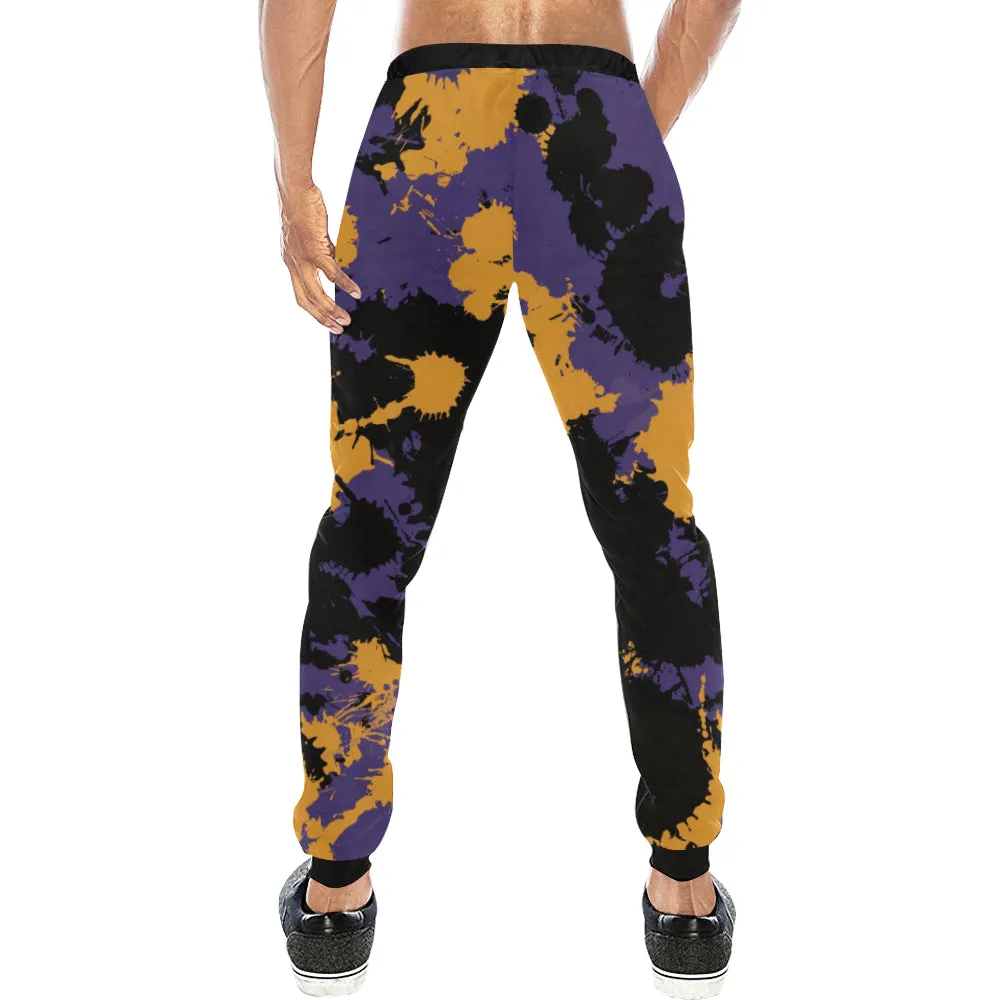 Purple Gold Black Legends Paint Splatter Men's Big Tall All Over Print Jogger Sweatpants.