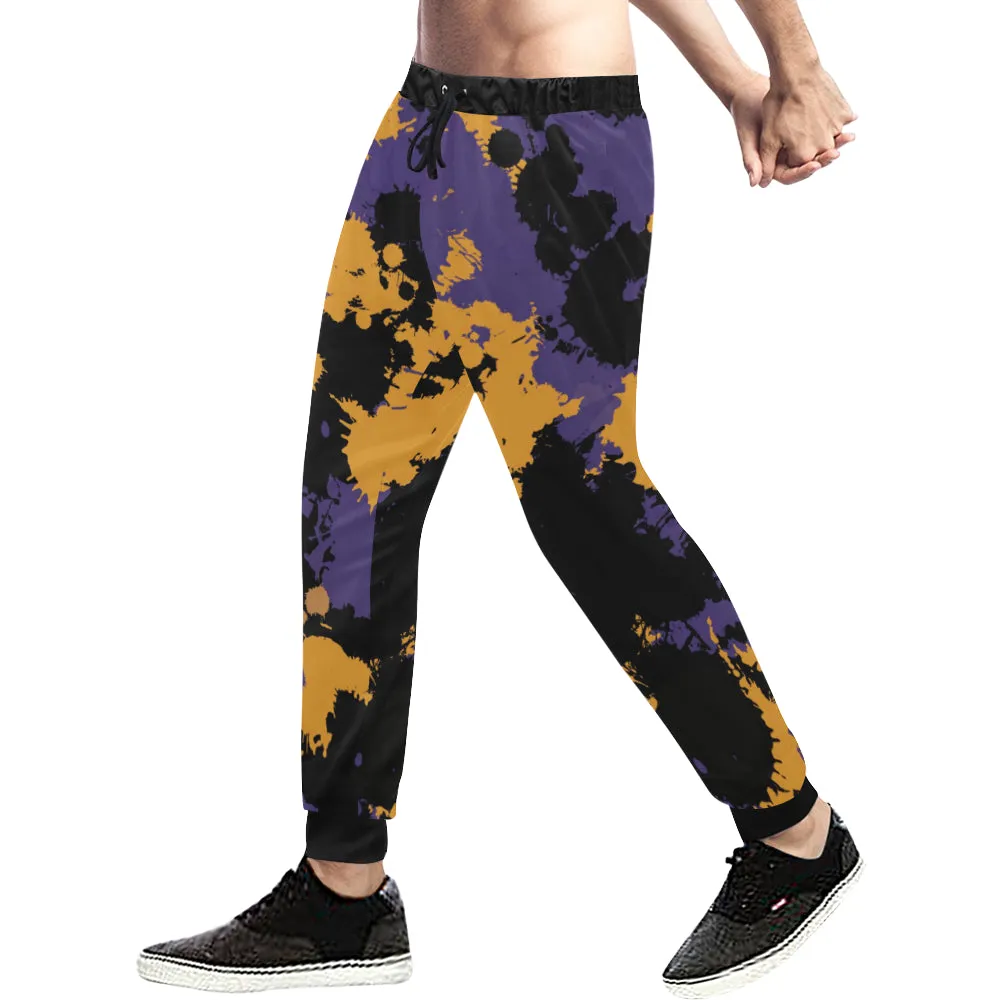 Purple Gold Black Legends Paint Splatter Men's Big Tall All Over Print Jogger Sweatpants.