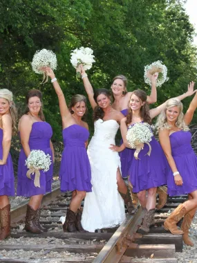 Purple Short Chiffon Bridesmaid Dresses and Cowgirl Boots.