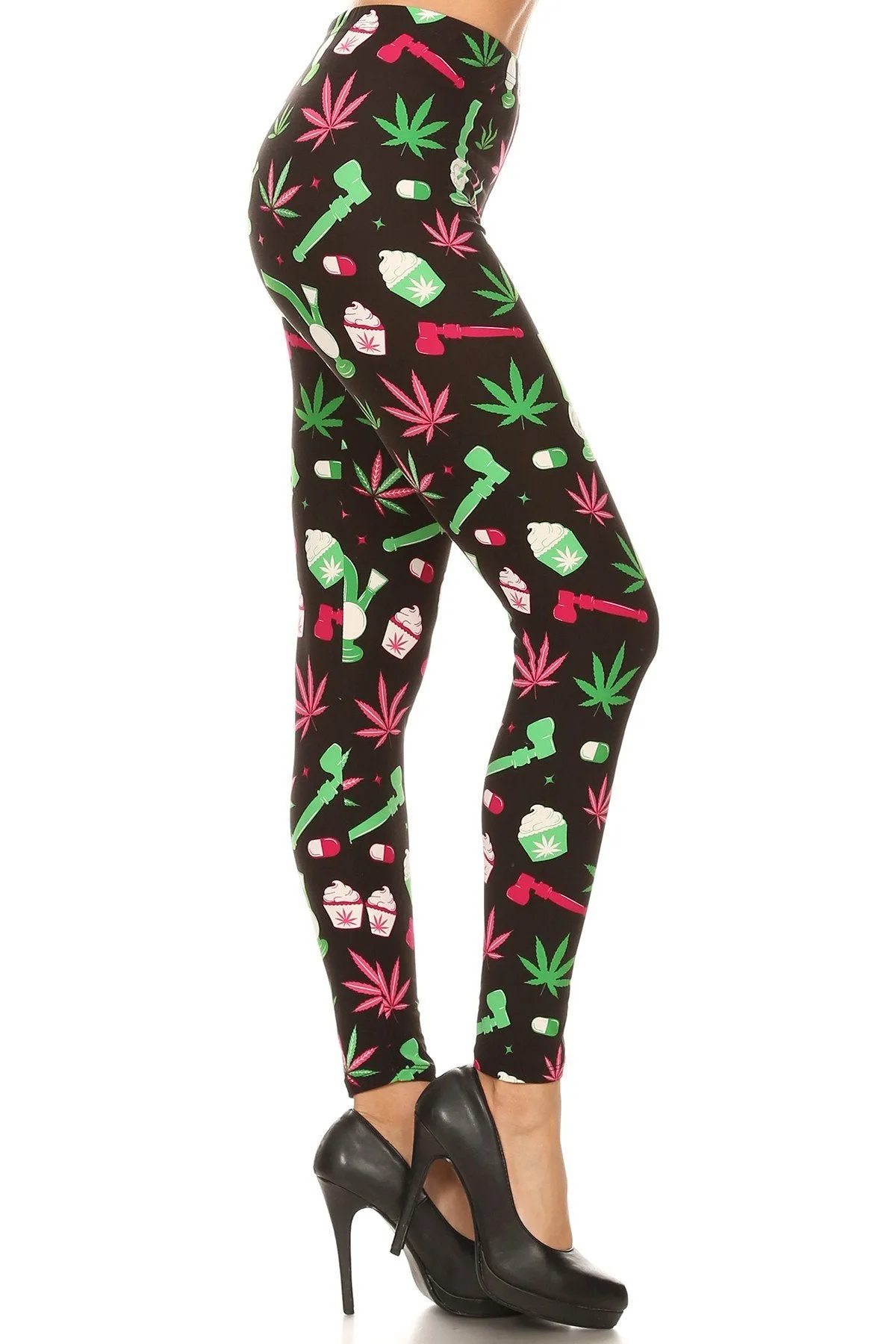 Regular Green Leaf Cannabis Printed Leggings for Women