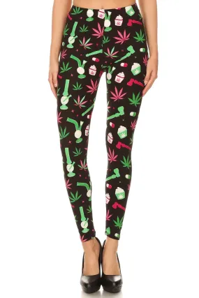 Regular Green Leaf Cannabis Printed Leggings for Women