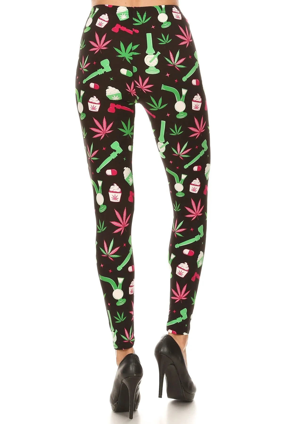 Regular Green Leaf Cannabis Printed Leggings for Women