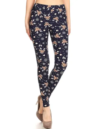 Regular Reindeer Snowflake Heart Pattern Printed Leggings for Women