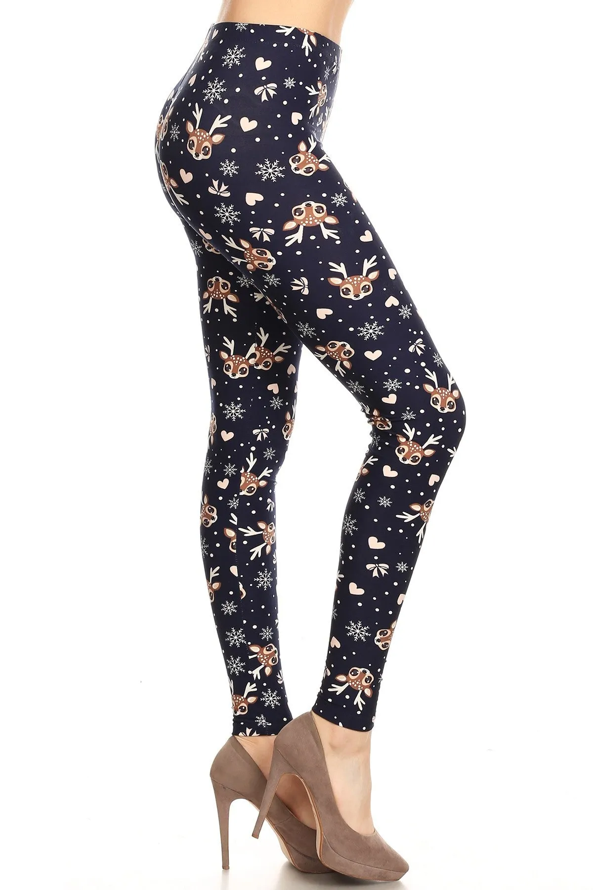 Regular Reindeer Snowflake Heart Pattern Printed Leggings for Women