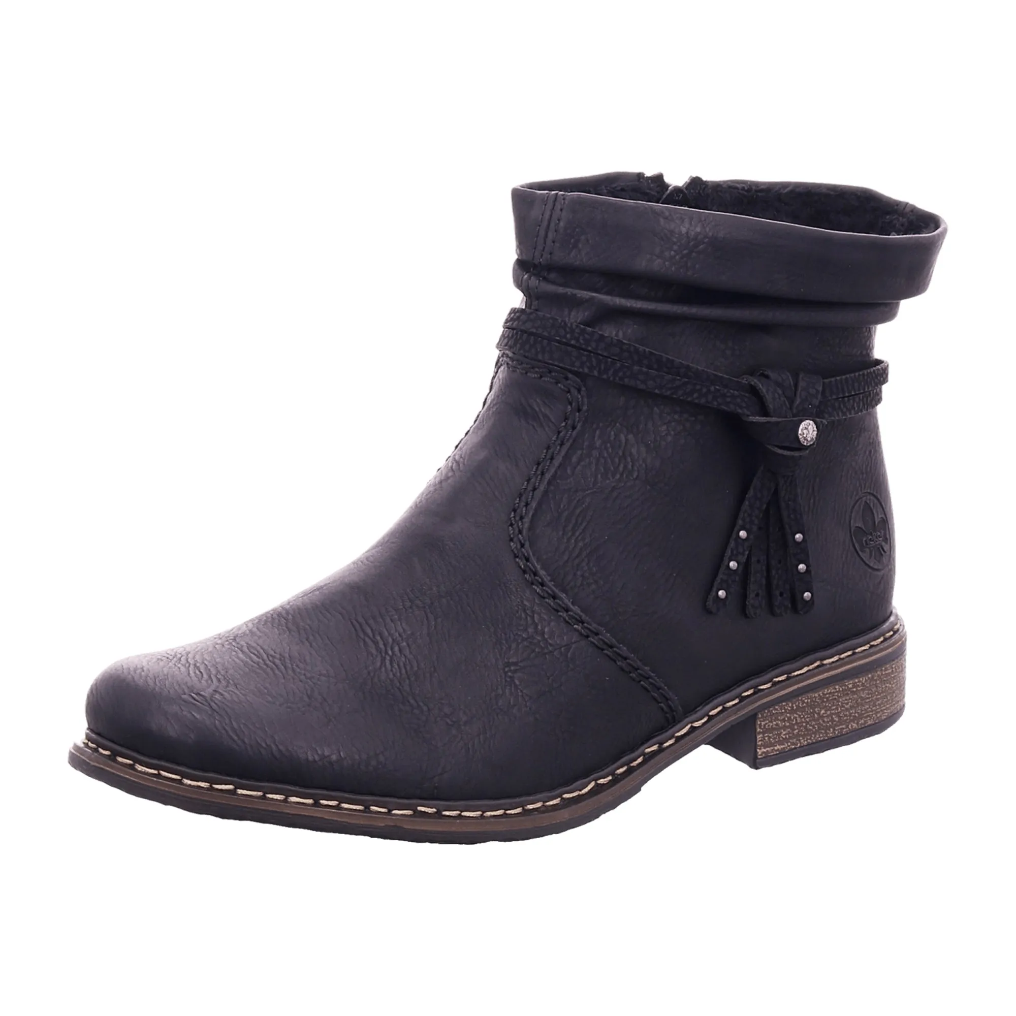 Rieker Black Ankle Boots for Women with Side Zipper and Decorative Straps