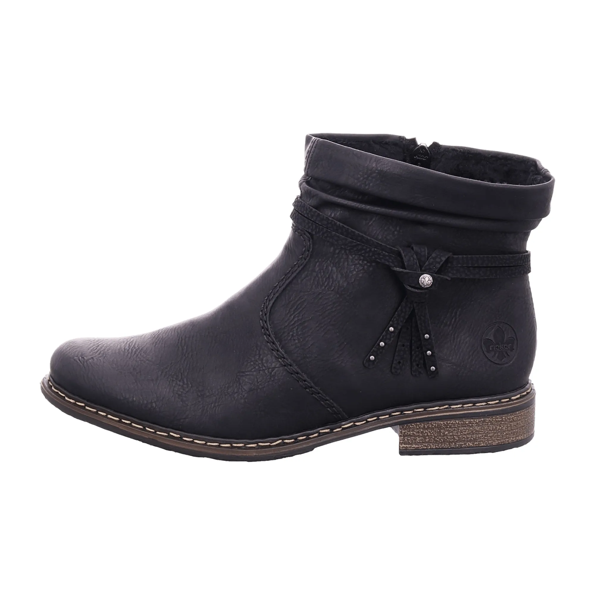 Rieker Black Ankle Boots for Women with Side Zipper and Decorative Straps