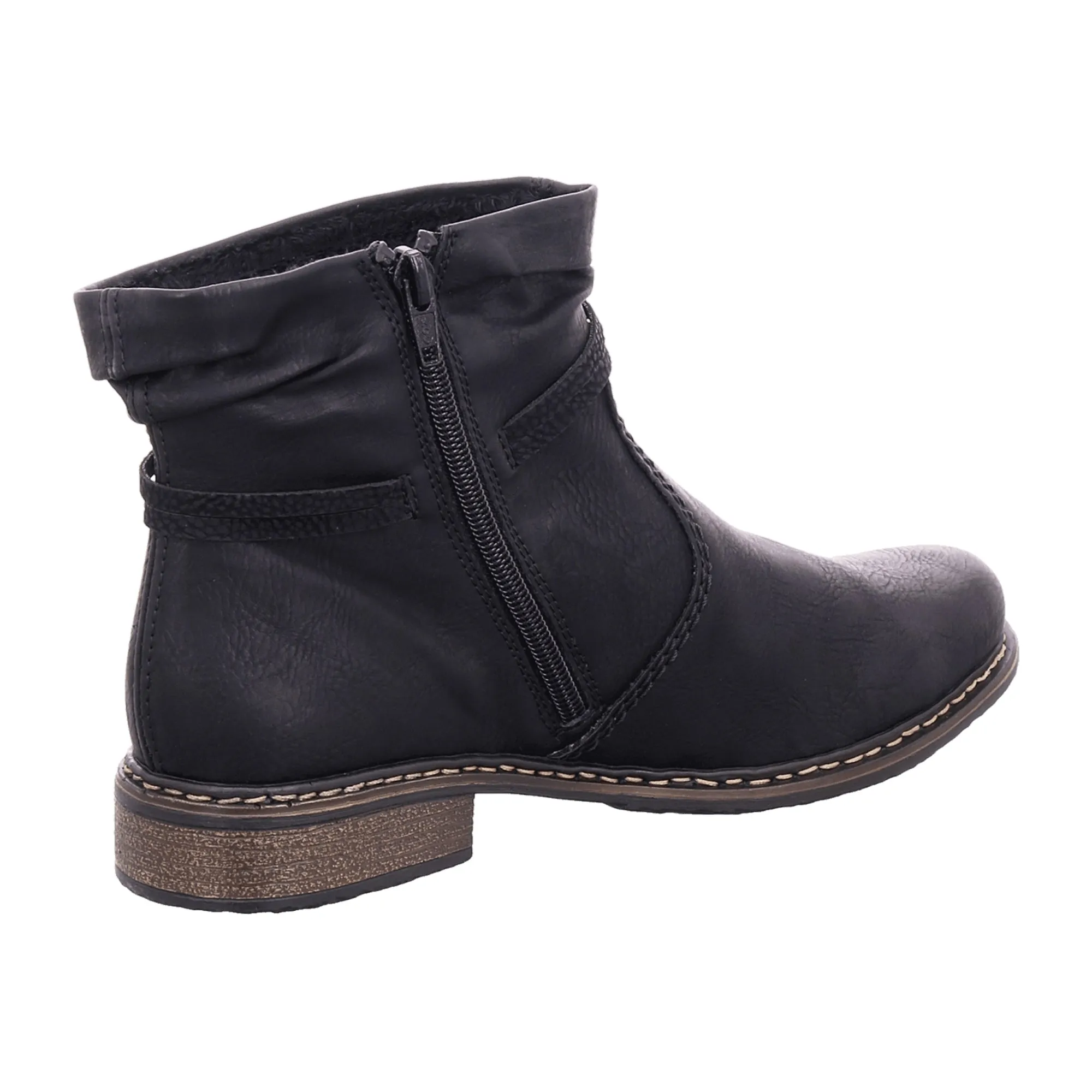 Rieker Black Ankle Boots for Women with Side Zipper and Decorative Straps