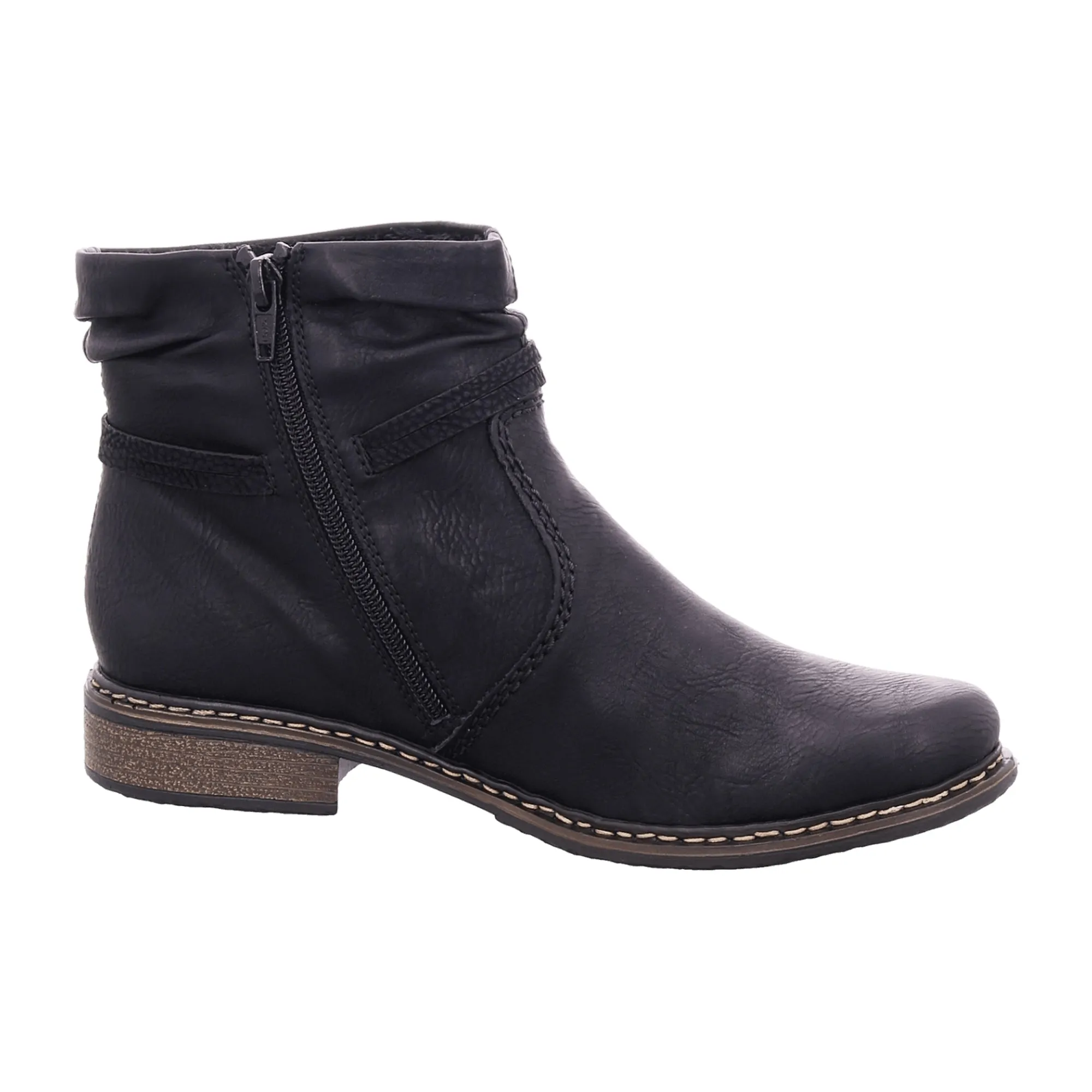 Rieker Black Ankle Boots for Women with Side Zipper and Decorative Straps