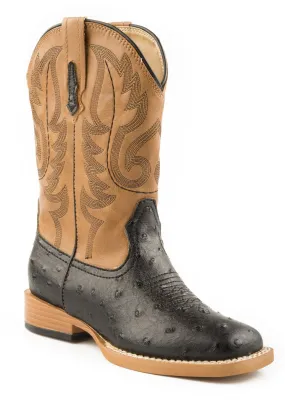 Roper Boys Black Brown Faux Ostrich Leather Cowboy Boots Square Toe