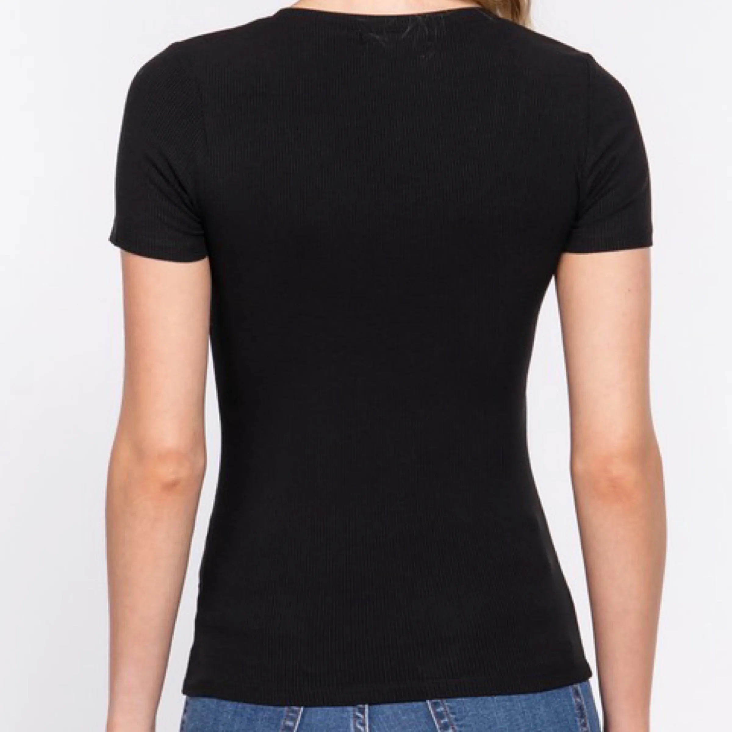 Simple Short Sleeve Ribbed Top Black