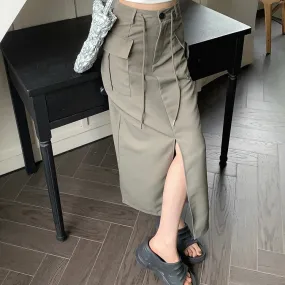 Split Long Skirt with Cargo Design