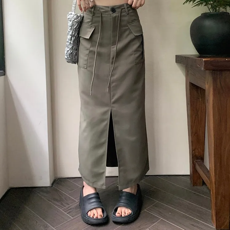 Split Long Skirt with Cargo Design