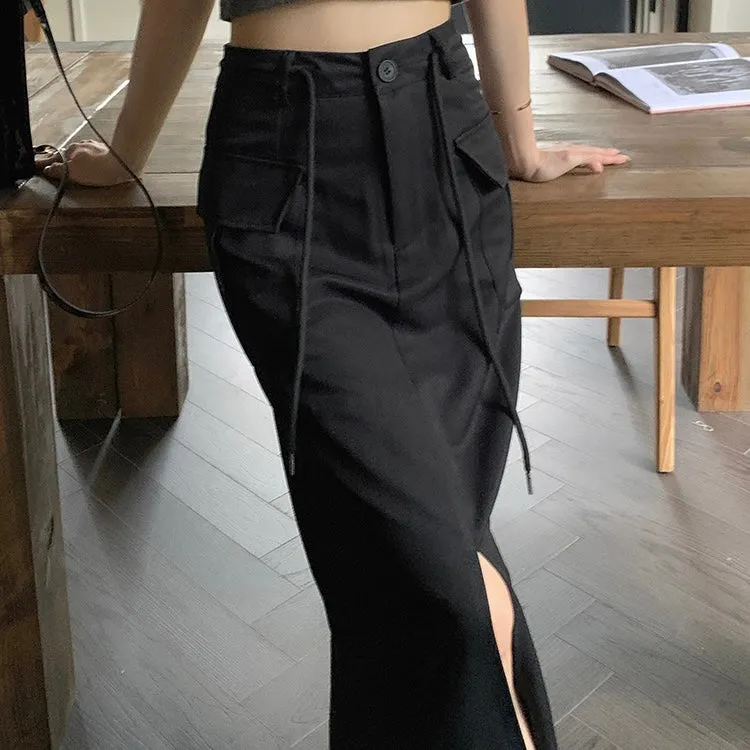 Split Long Skirt with Cargo Design