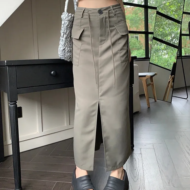 Split Long Skirt with Cargo Design