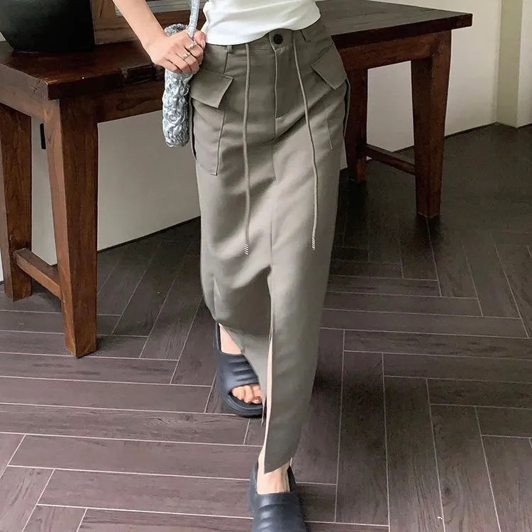 Split Long Skirt with Cargo Design