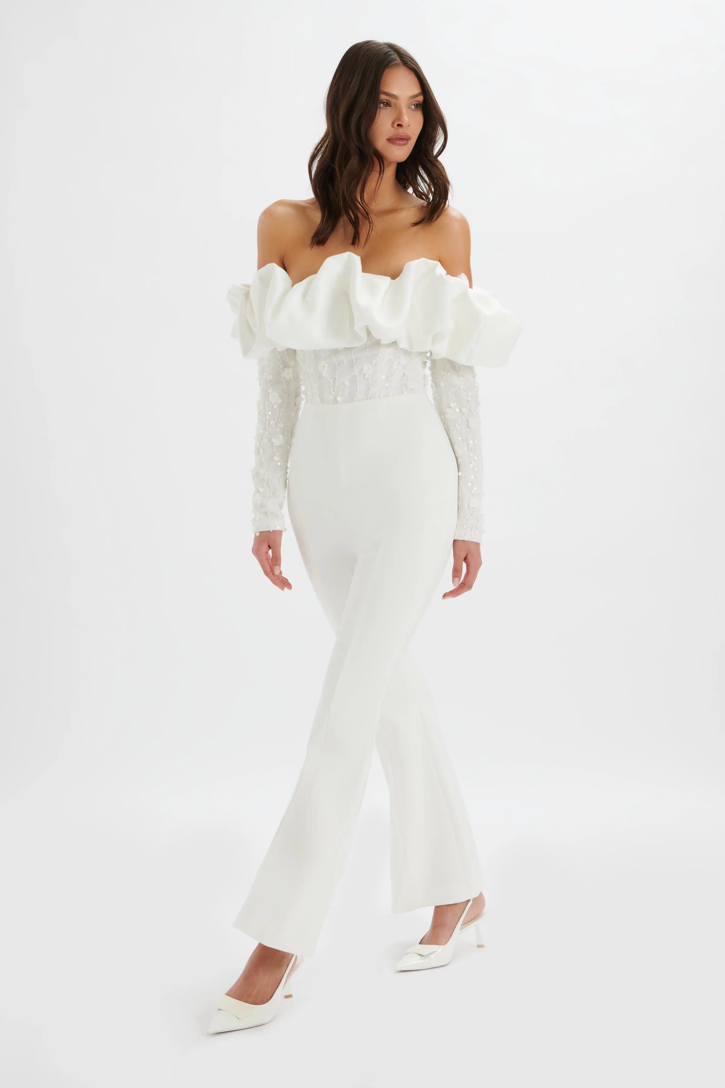 Tallulah White Satin Puff Jumpsuit with 3D Embroidery