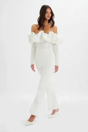 Tallulah White Satin Puff Jumpsuit with 3D Embroidery