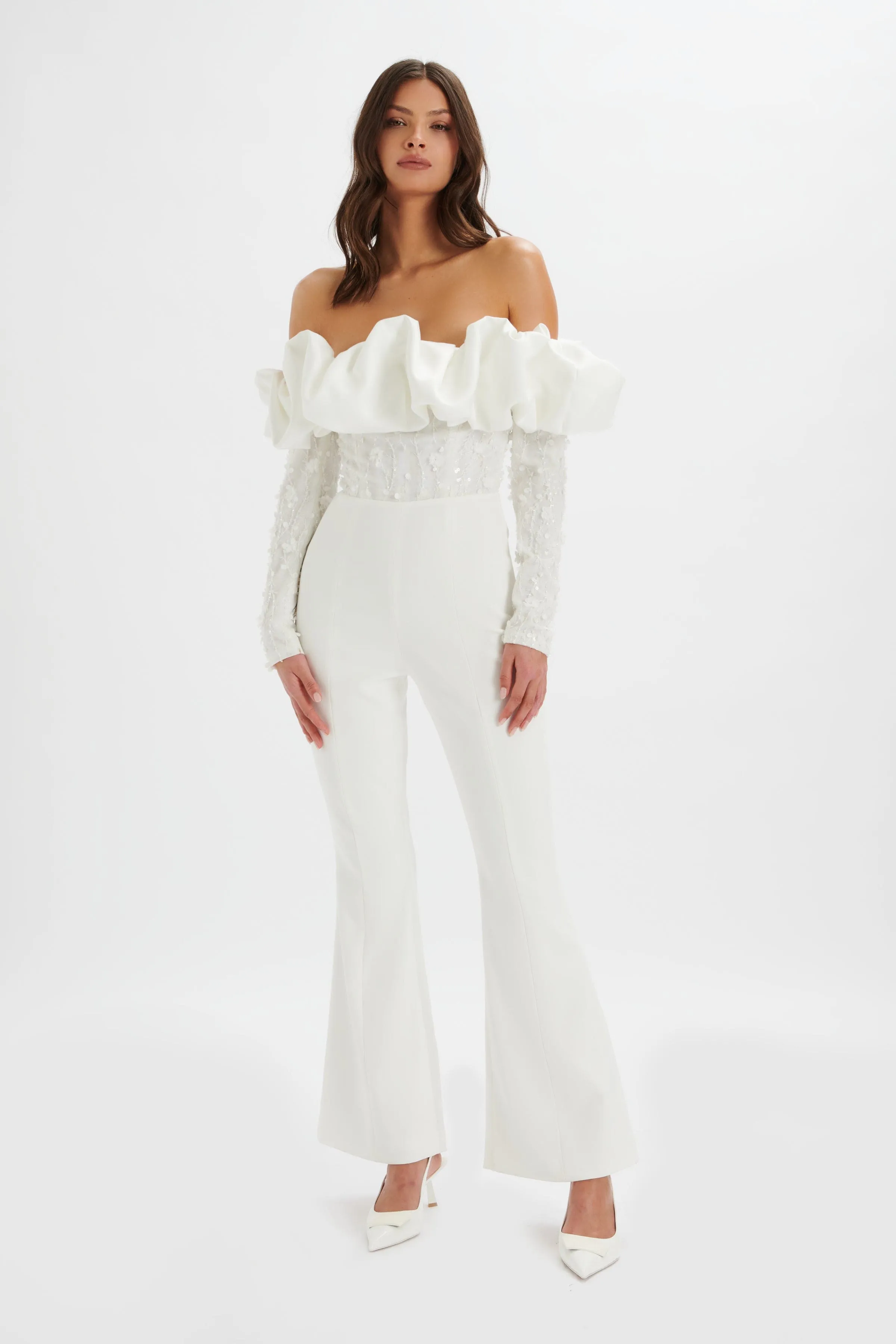 Tallulah White Satin Puff Jumpsuit with 3D Embroidery