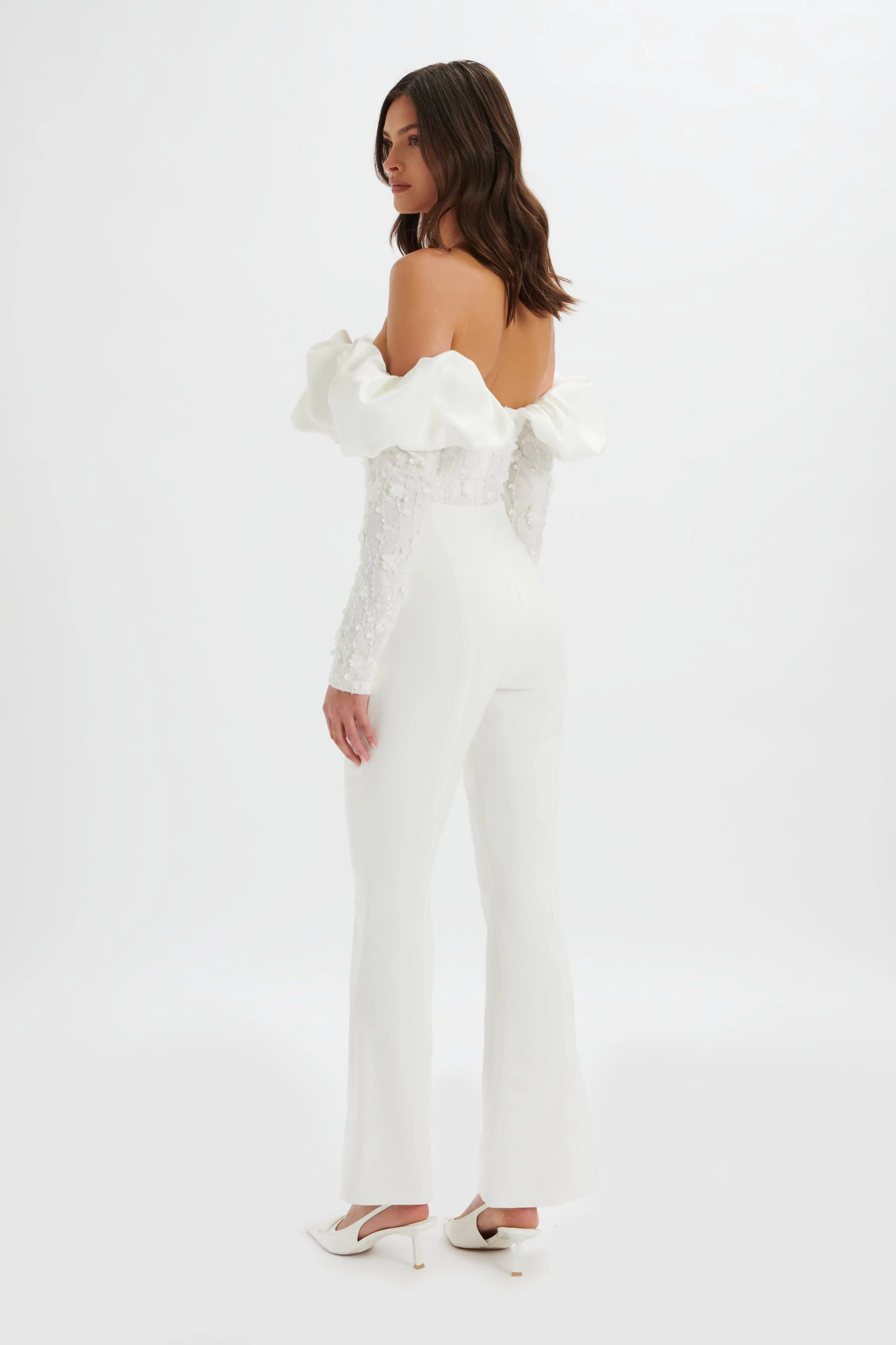 Tallulah White Satin Puff Jumpsuit with 3D Embroidery