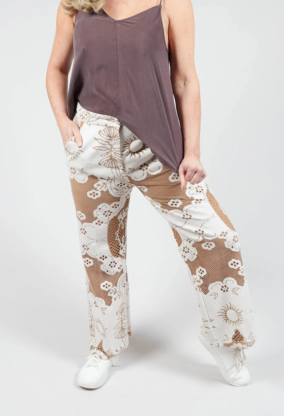 Tan Brown Straight Leg Trousers with Lace Detail - Shop Now