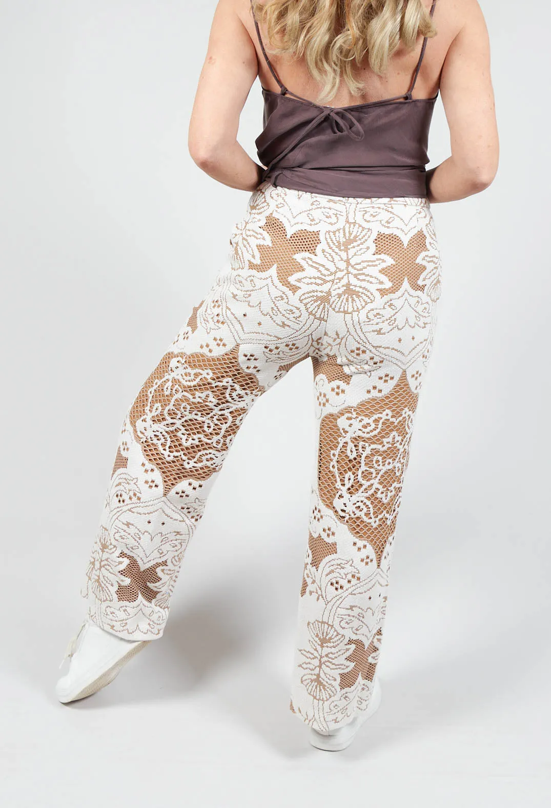 Tan Brown Straight Leg Trousers with Lace Detail - Shop Now