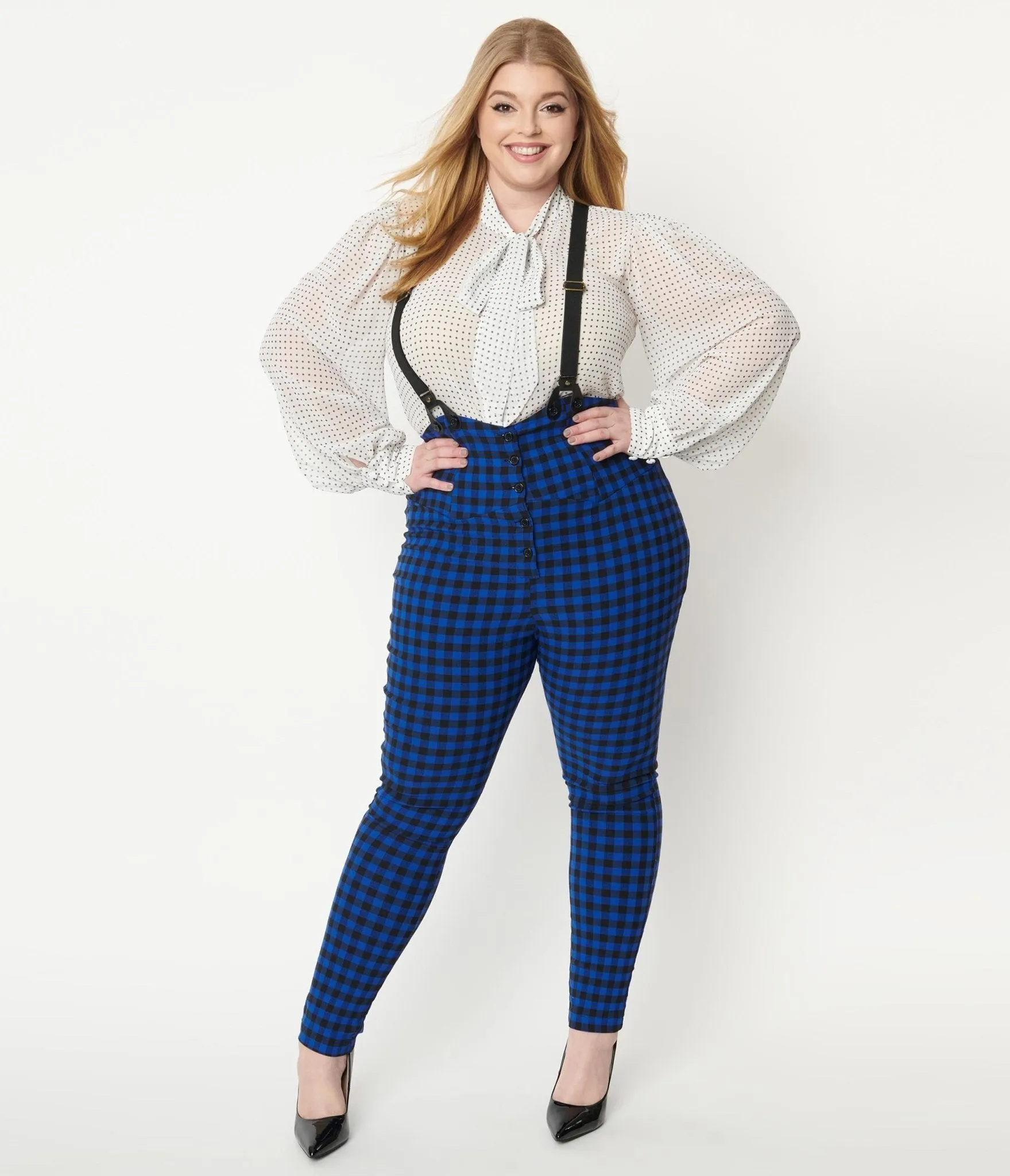 Unique Plus Size Blue Gingham Moorehead Suspender Pants