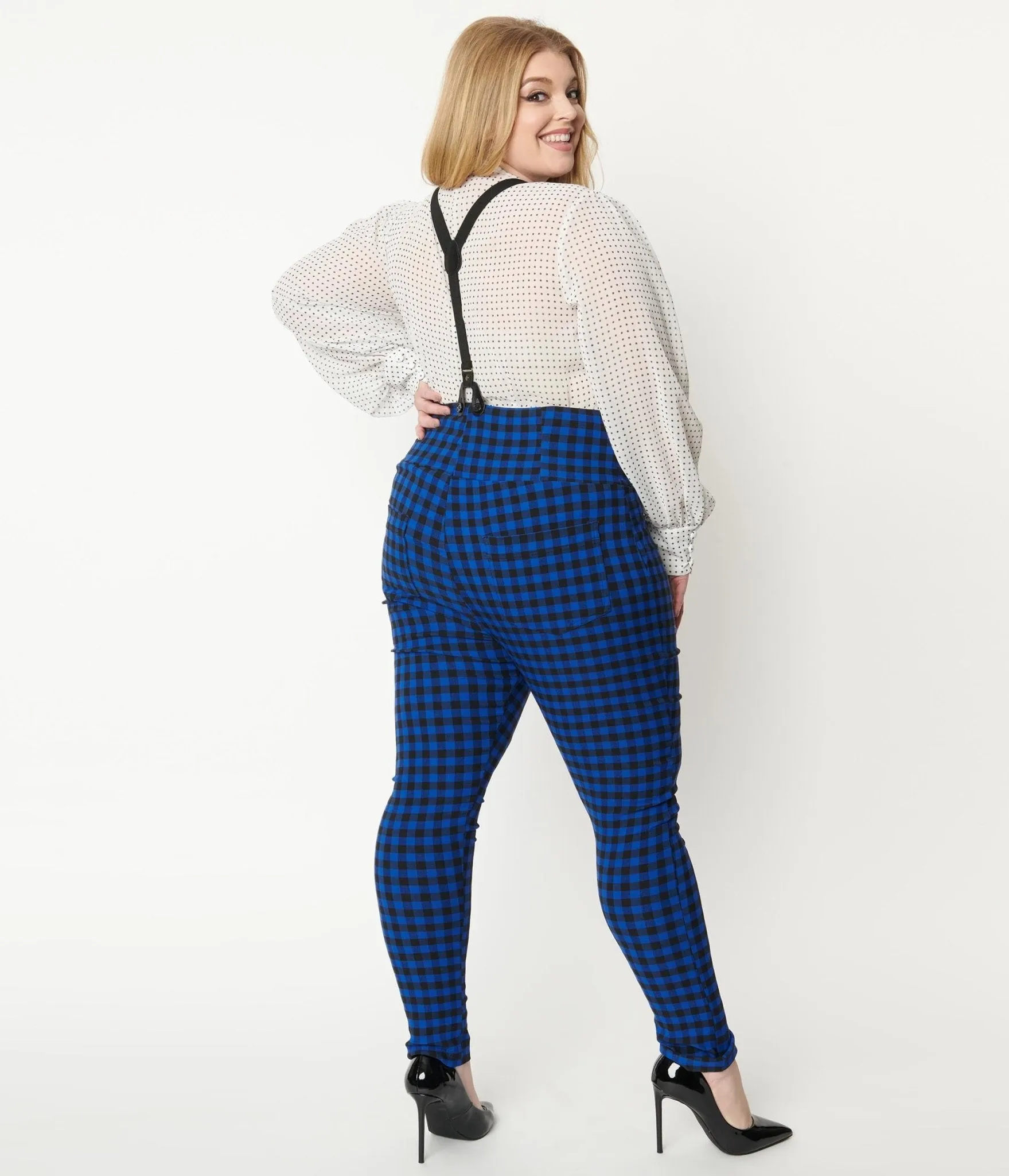 Unique Plus Size Blue Gingham Moorehead Suspender Pants