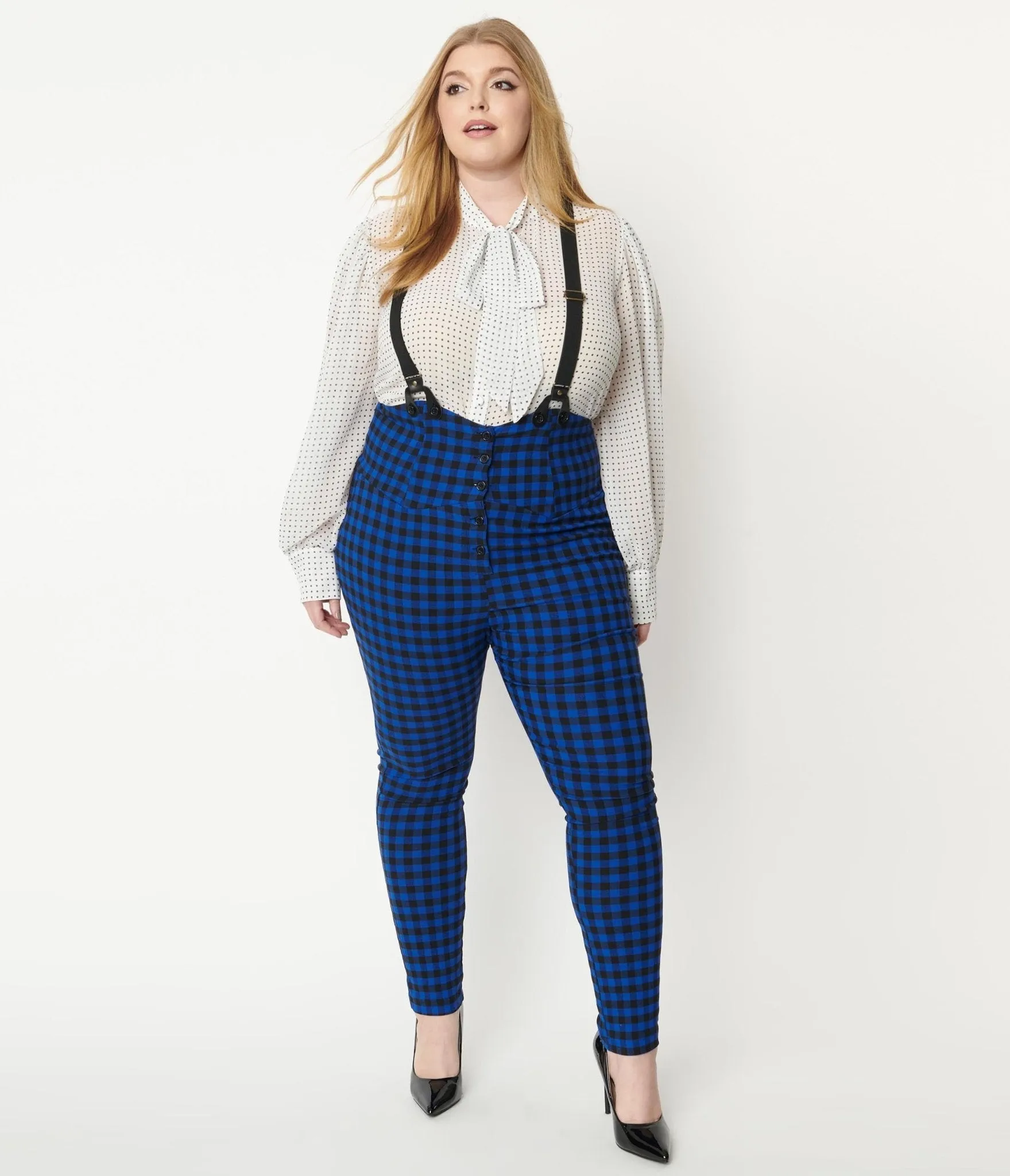 Unique Plus Size Blue Gingham Moorehead Suspender Pants