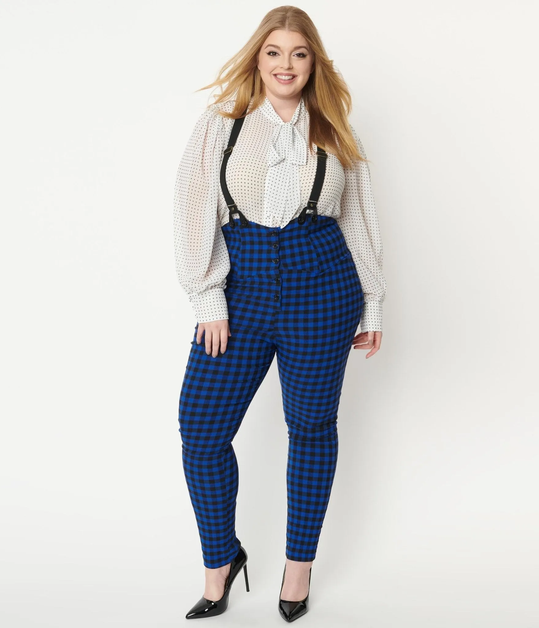 Unique Plus Size Blue Gingham Moorehead Suspender Pants