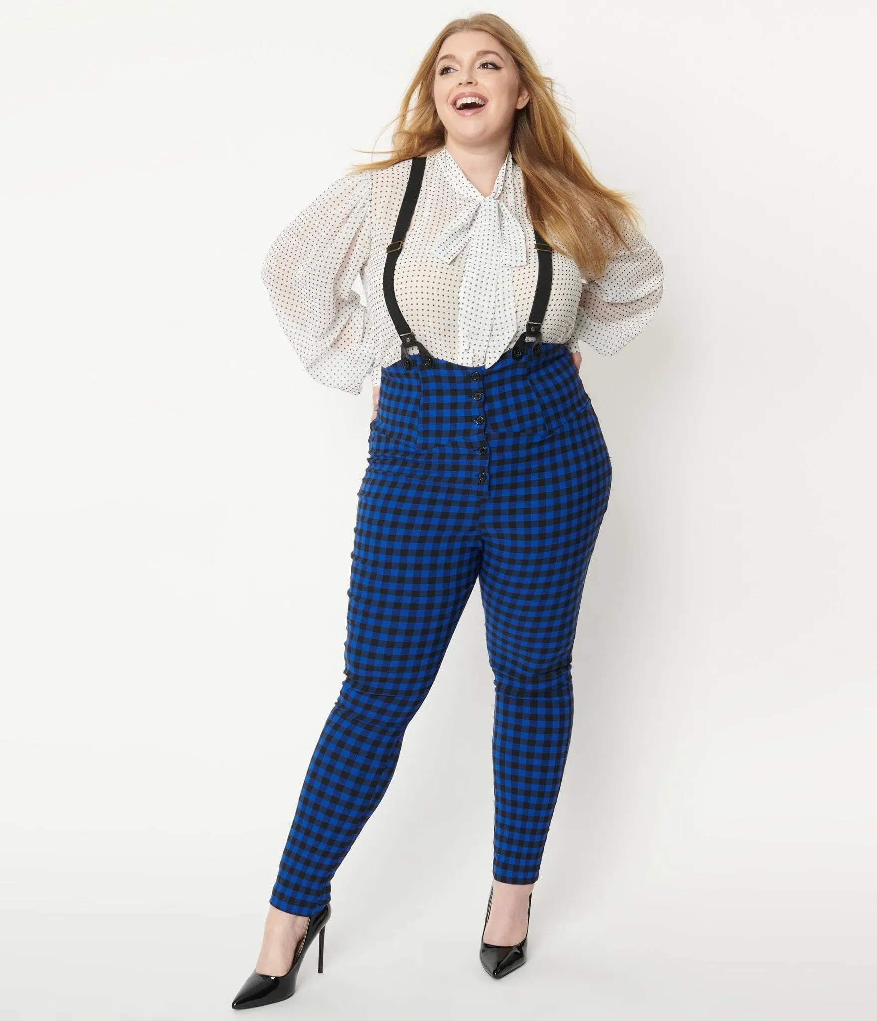 Unique Plus Size Blue Gingham Moorehead Suspender Pants