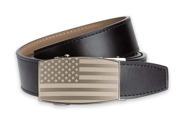 USA Flag Pewter Aston Black golf belt with 1 3/8 strap