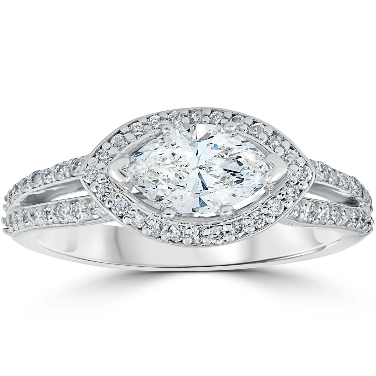 vintage halo sideways marquise diamond engagement ring, 1.5 ct, 14k white gold