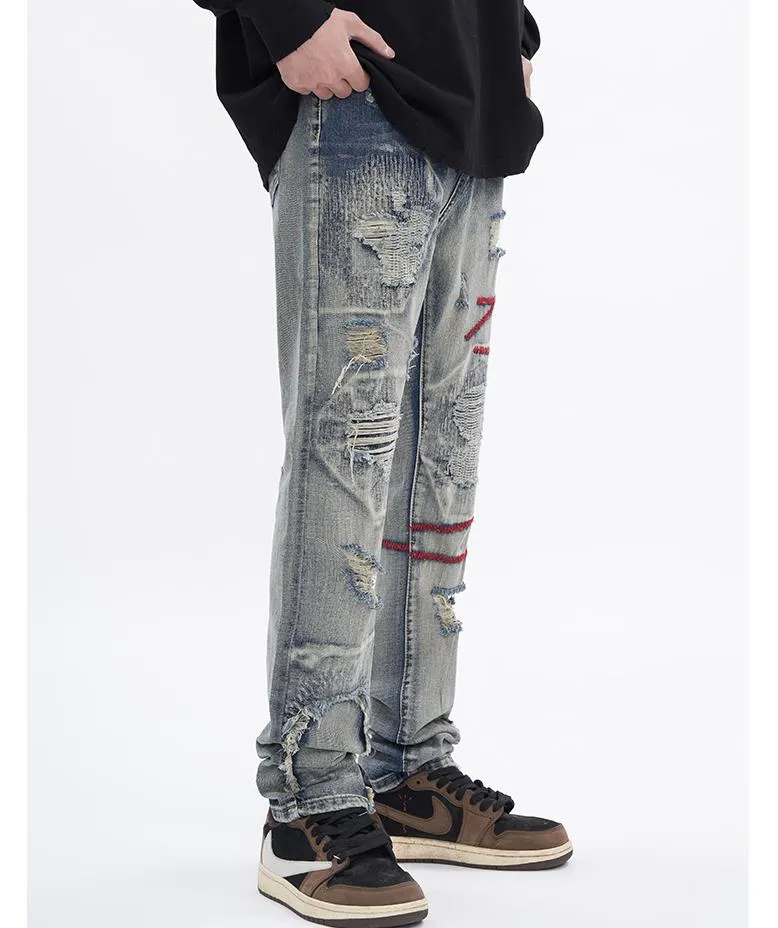 Vintage Patchwork Slim Fit Denim Straight Leg Pants