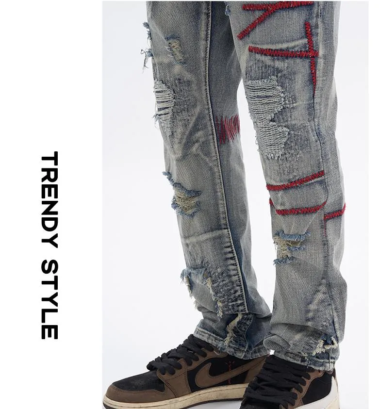 Vintage Patchwork Slim Fit Denim Straight Leg Pants