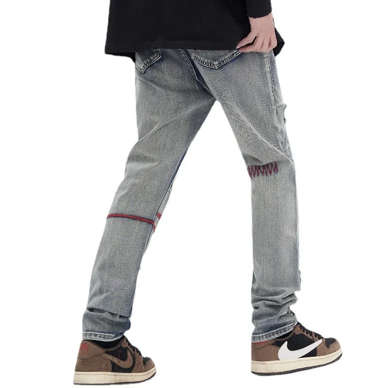 Vintage Patchwork Slim Fit Denim Straight Leg Pants