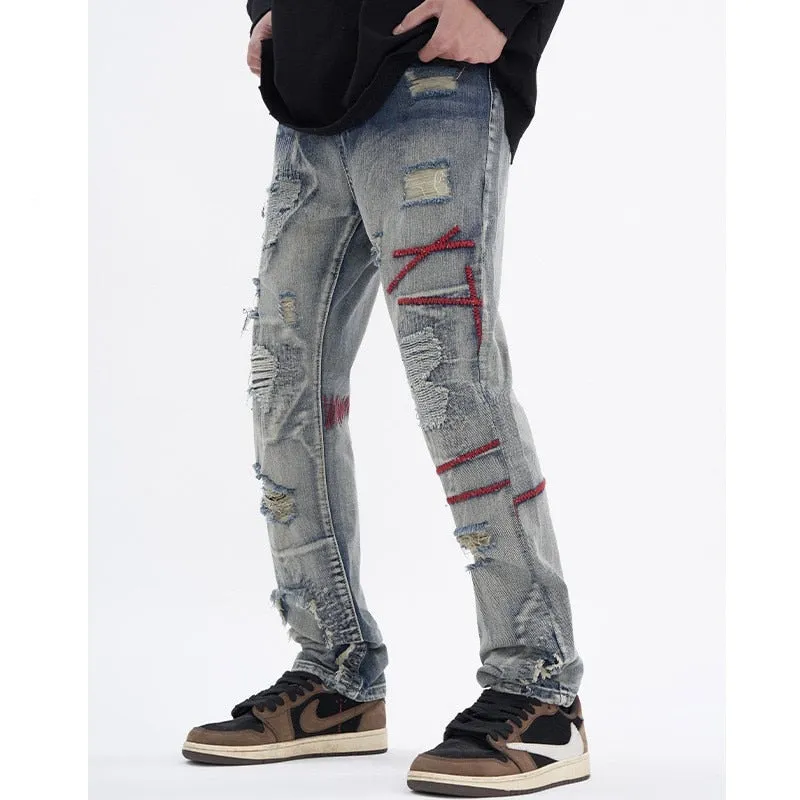 Vintage Patchwork Slim Fit Denim Straight Leg Pants