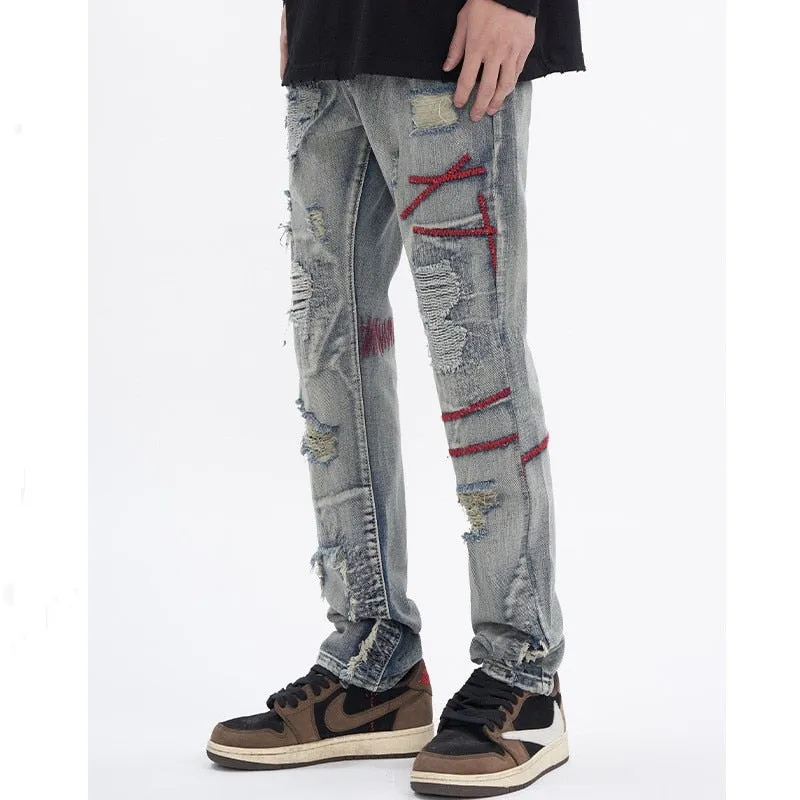 Vintage Patchwork Slim Fit Denim Straight Leg Pants