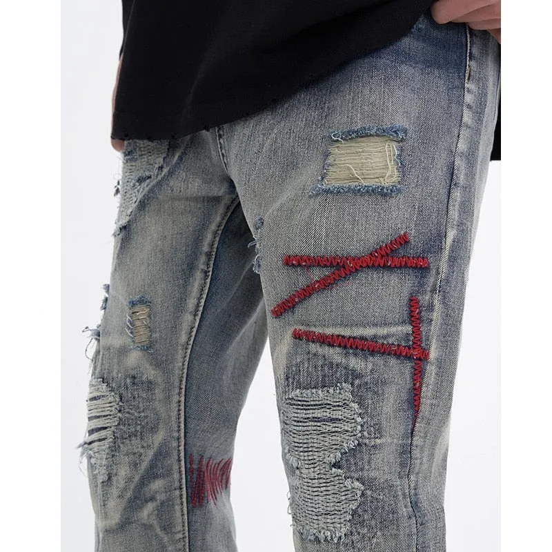 Vintage Patchwork Slim Fit Denim Straight Leg Pants