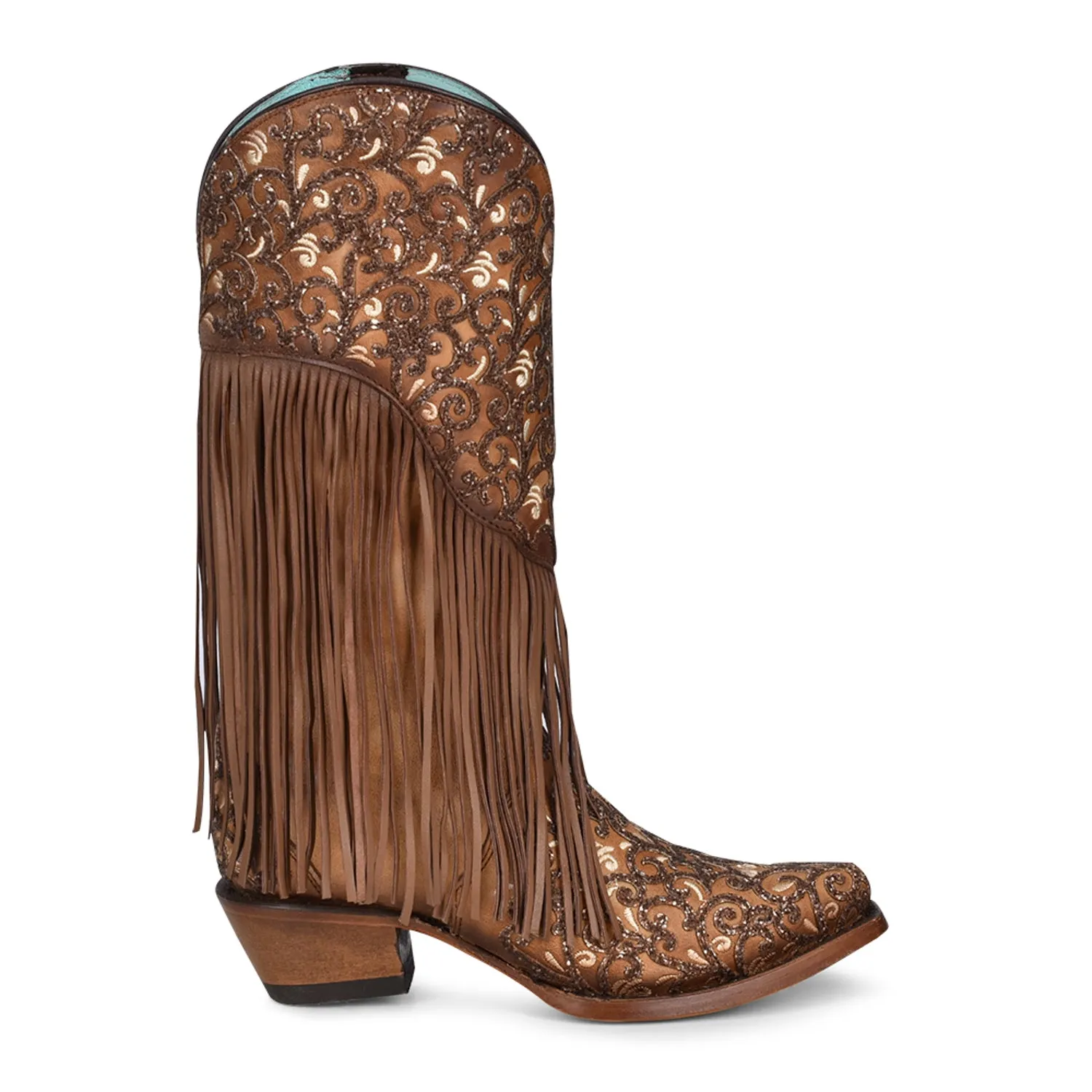 White Overlay Fringe Honey Cowhide 13in Women's Cowboy Boots from Corral.