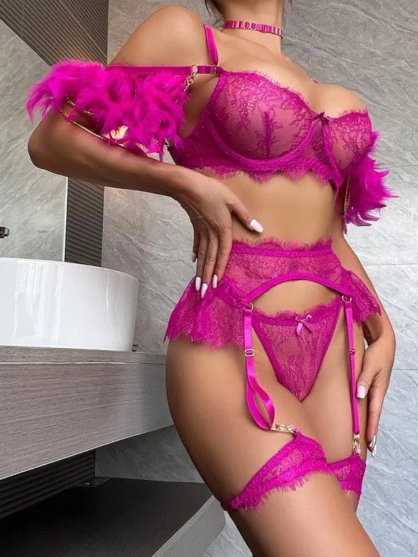 Women's Feather Stitched Sexy Lingerie Set