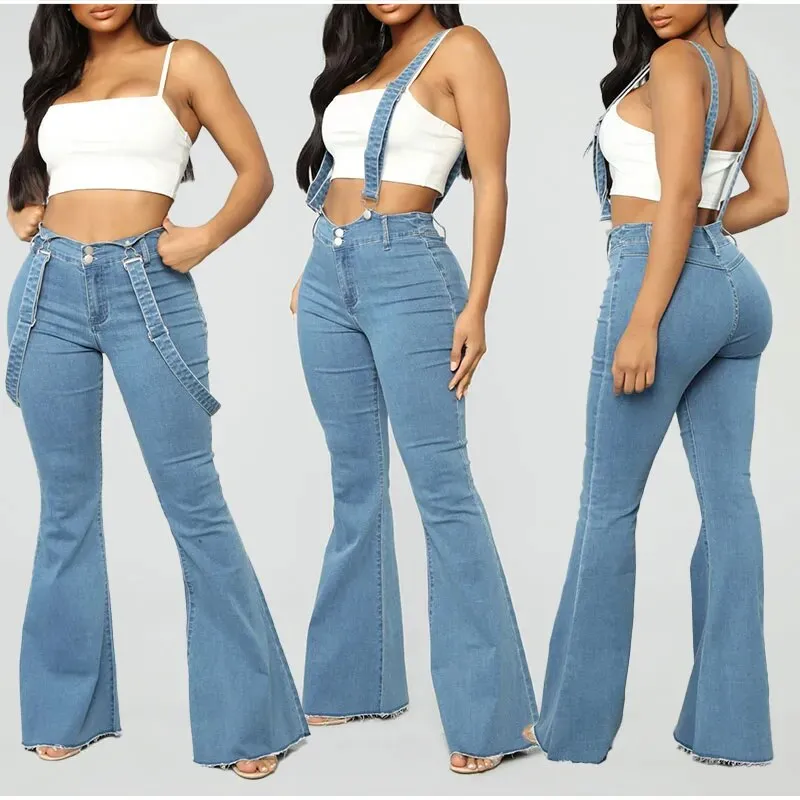 Women's Vintage High Waist Wide Leg Denim Suspender Pants