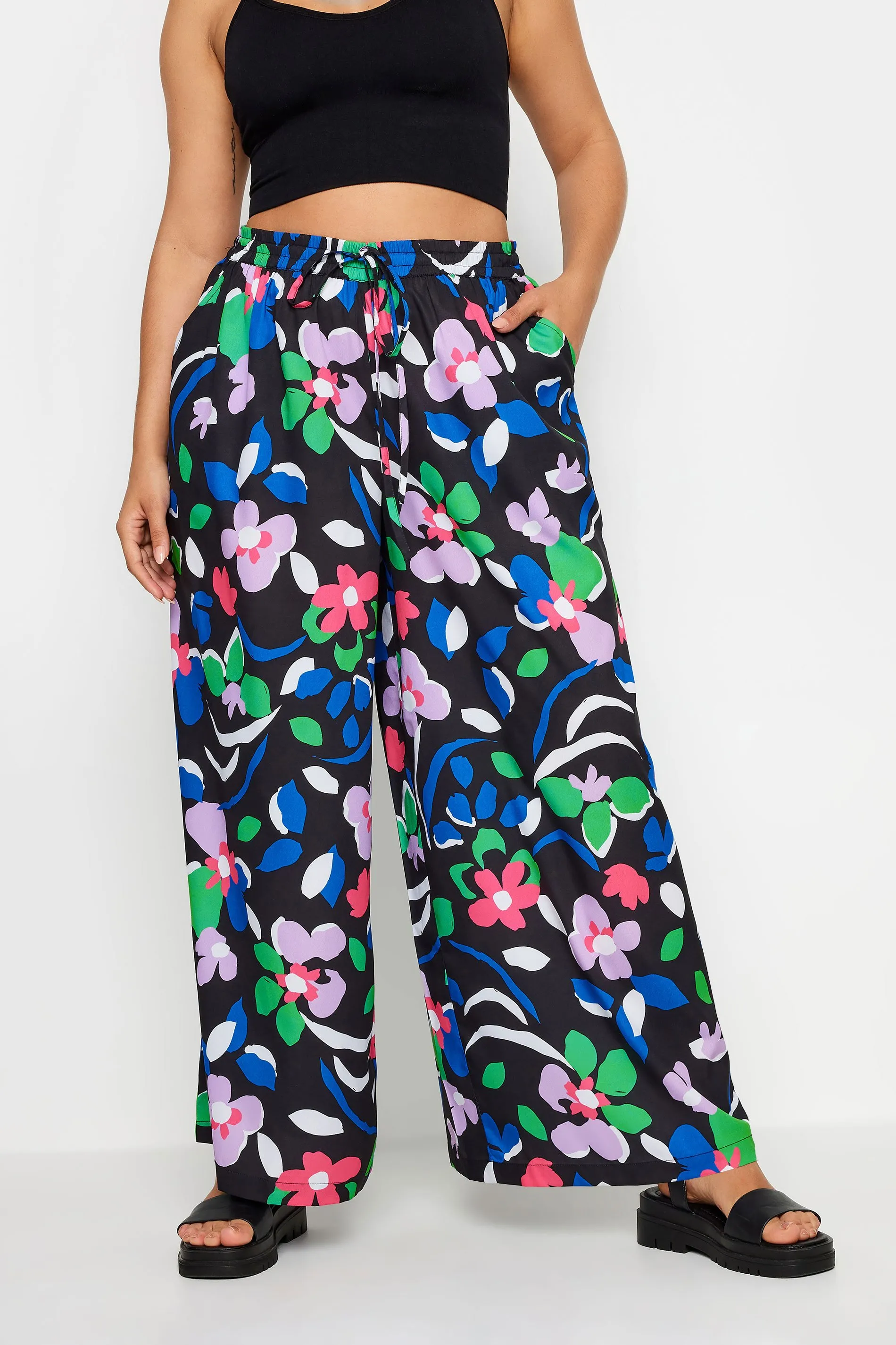 YOURS Curve Black Floral Print Wide Leg Trousers with Drawstring