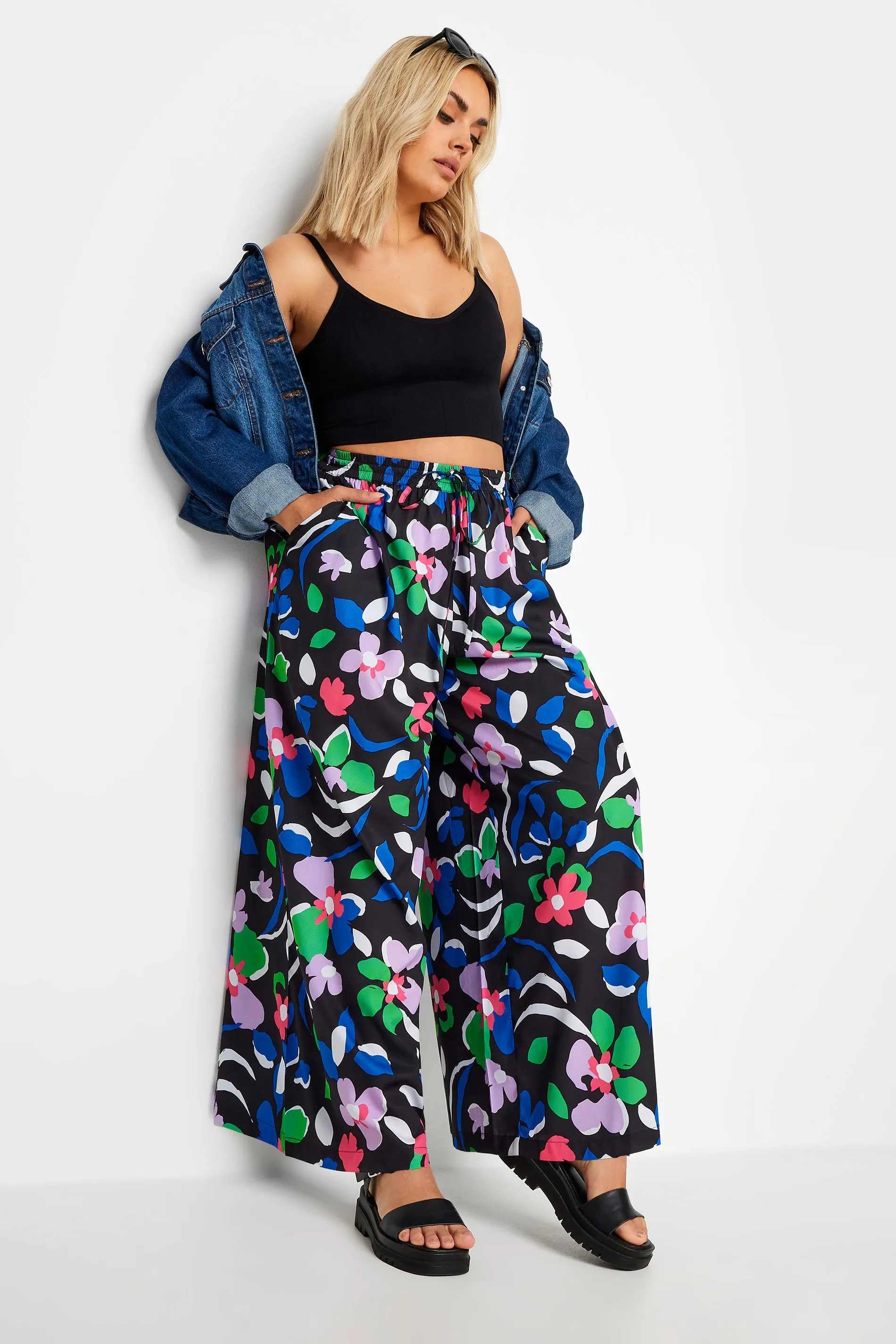 YOURS Curve Black Floral Print Wide Leg Trousers with Drawstring